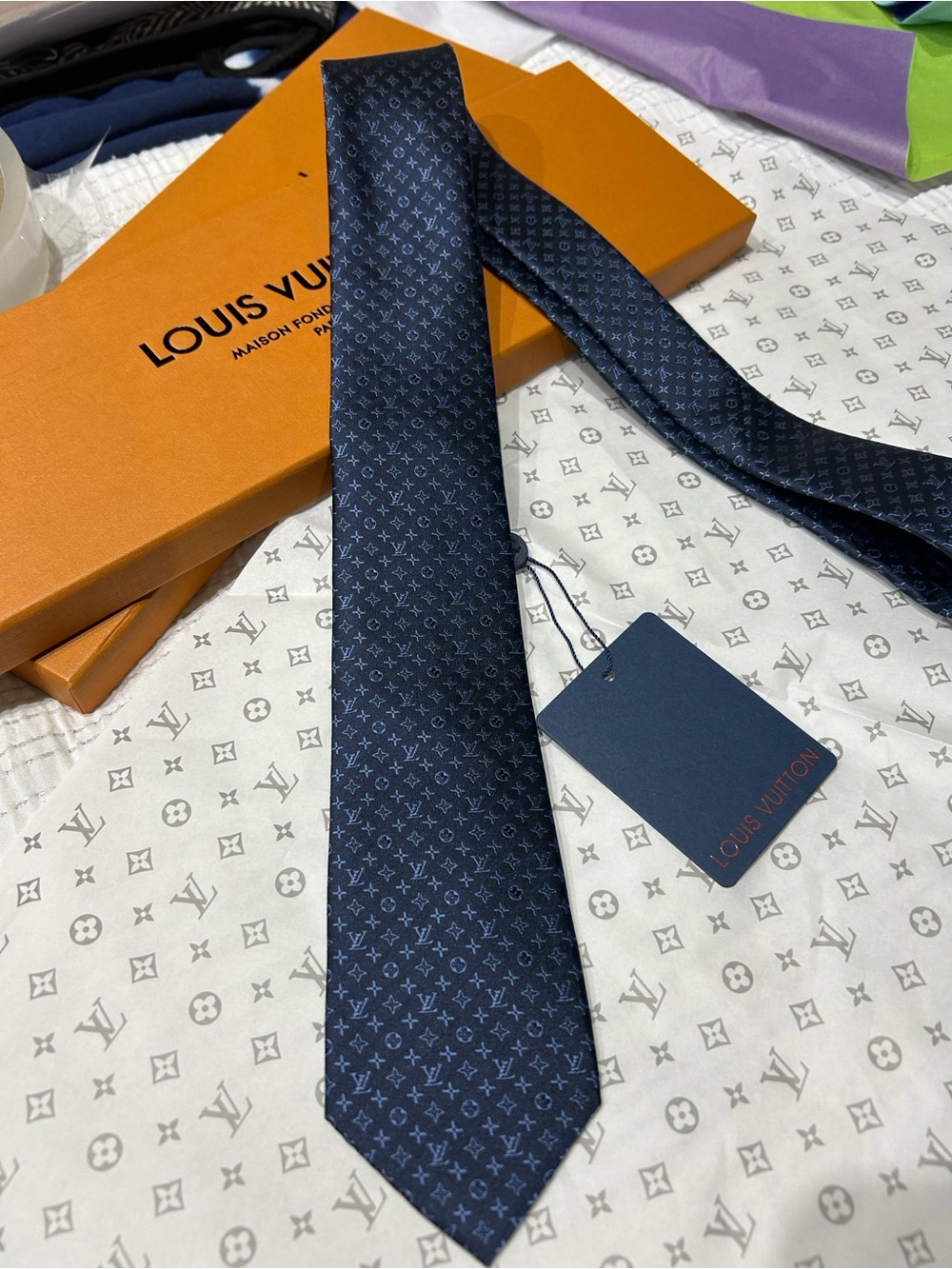Louis Vuitton Navy Blue Monogram Silk Tie